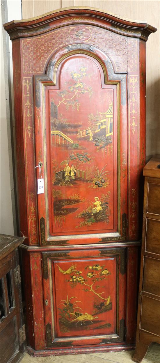 A 19th century red japanned corner cupboard, W.74cm H.178cm